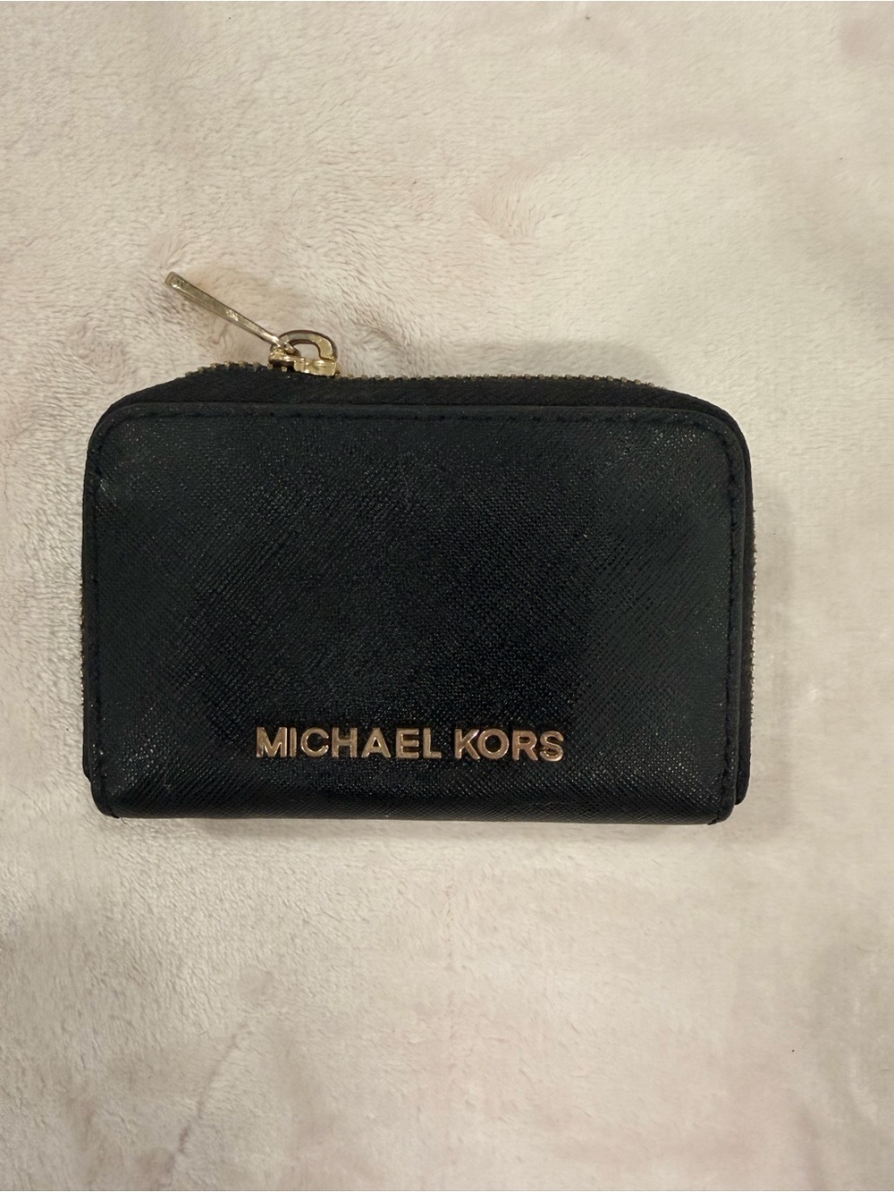 Michael Kors Black Saffiano Leather Zip Card Case with Gold Logo
